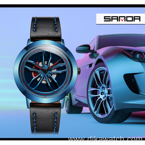 SANDA Rotating Car Wheel Fashion Sports Watch Men's Leather Band Quartz Watches Casual Waterproof Wristwatch relogio masculino